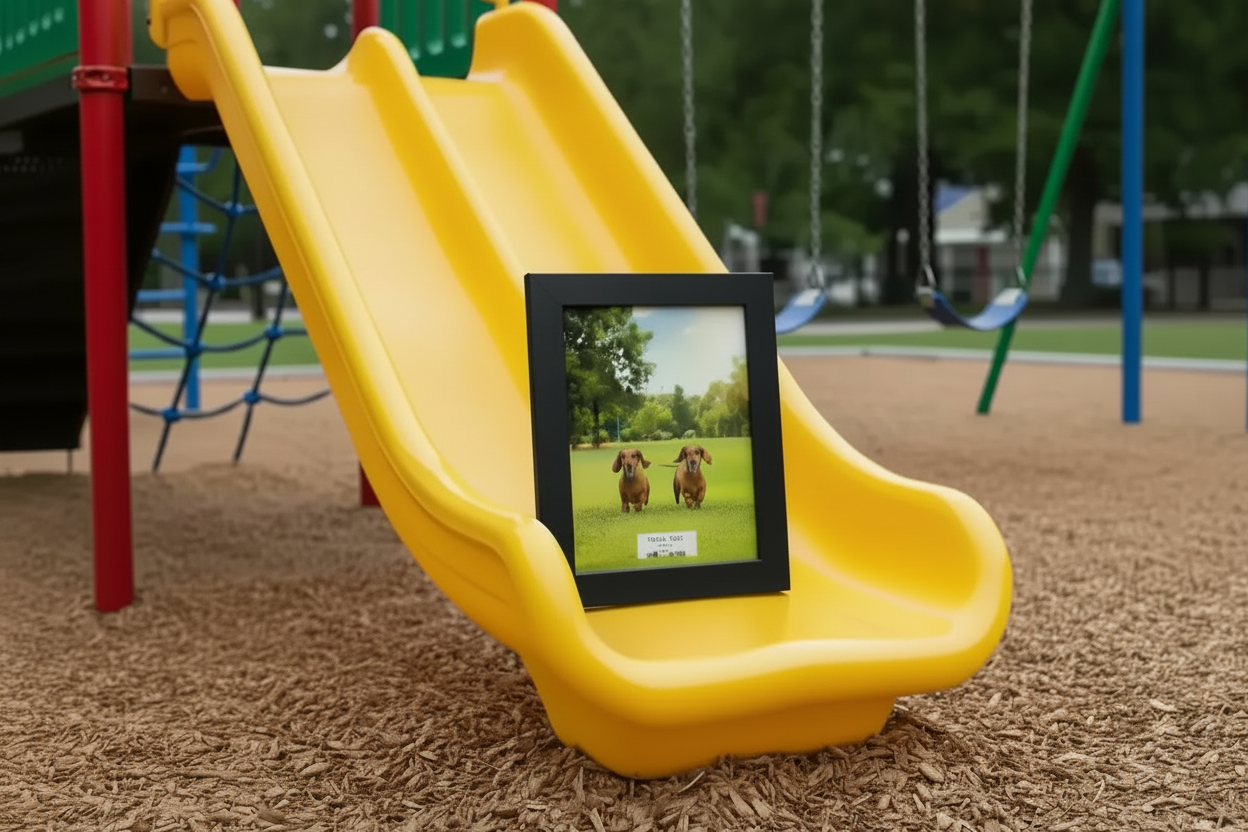 Framed print of two dachshunds on grass, displayed on yellow playground slide at park