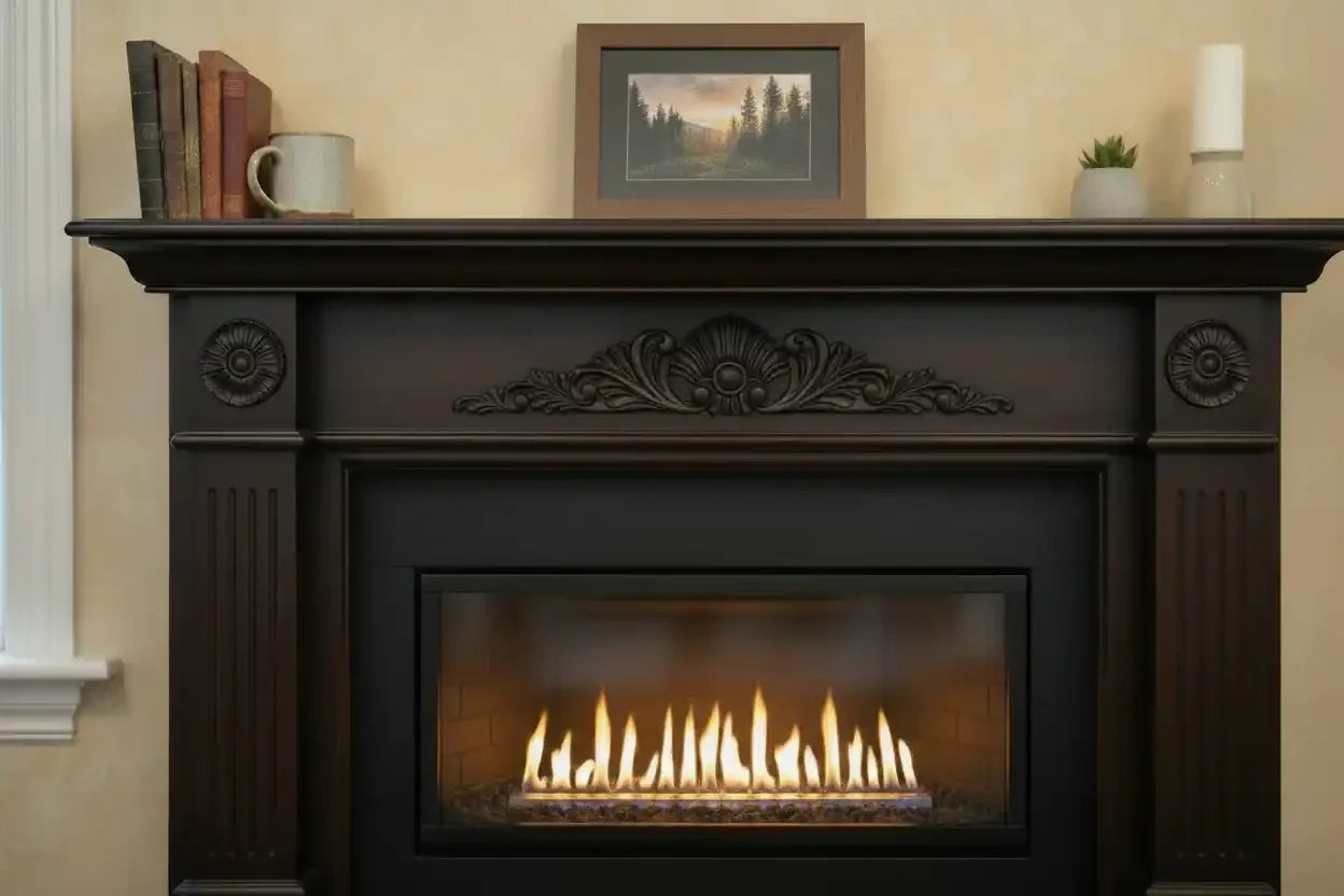 Framed forest sunset print above ornate fireplace with flickering flames, books, and decor on mantel