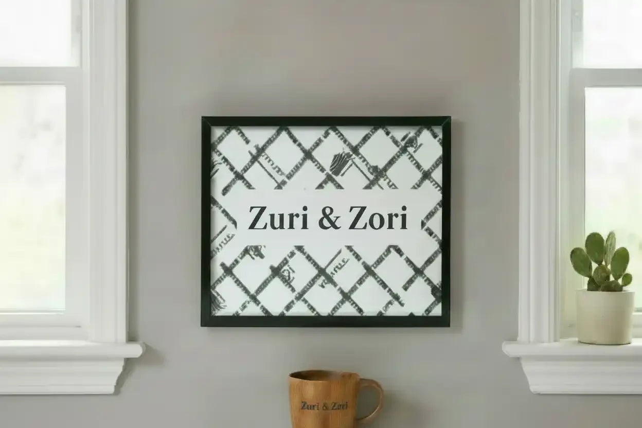 Zuri & Zori framed print with geometric pattern, displayed on wall between windows with cactus and wooden mug