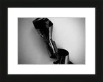 Black and white framed print of abstract metallic sculpture with reflective surfaces