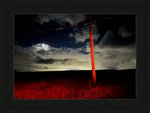 Framed night sky print with red utility pole, clouds, and moonlit horizon