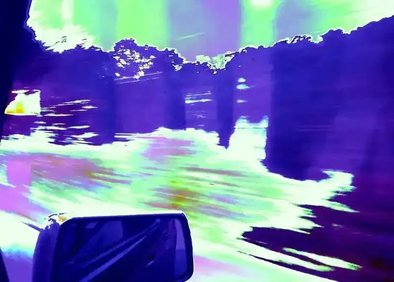Vibrant aurora over water viewed from car, colorful sky reflection, graphic art print