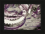 Framed abstract print featuring mechanical gears and artistic textures in purple and white tones
