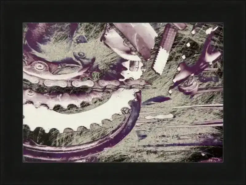 Framed abstract print featuring mechanical gears and artistic textures in purple and white tones