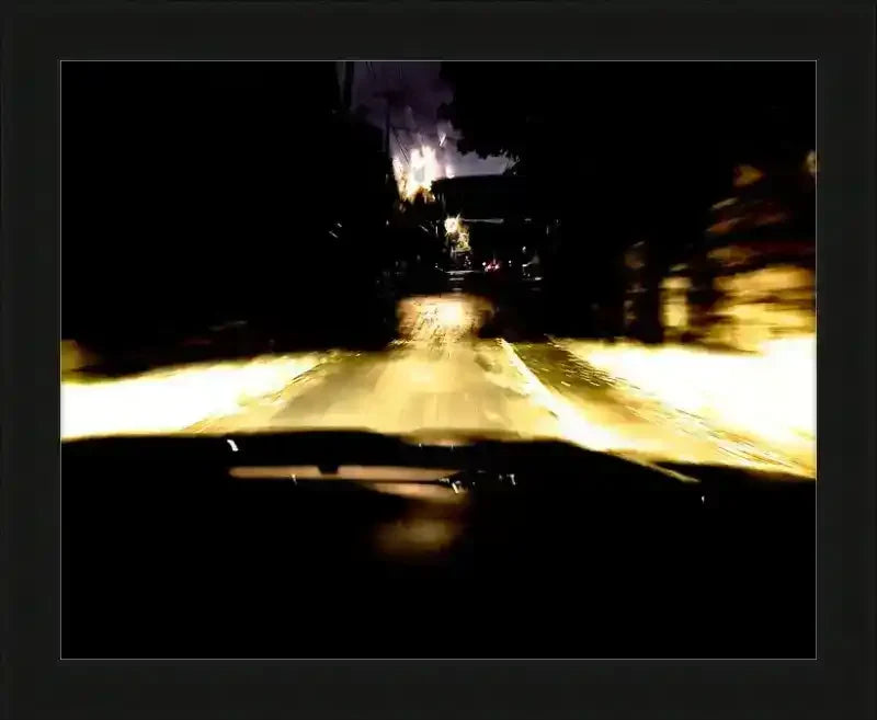 Night street view from car headlights, motion blur, framed print