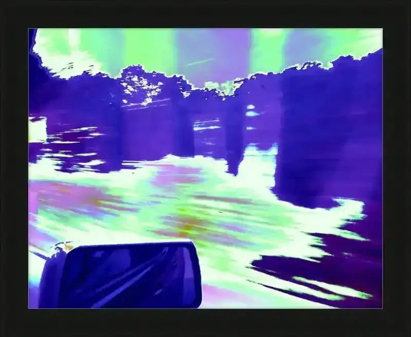 Vibrant abstract landscape print with neon green and purple hues, framed artwork for home decor