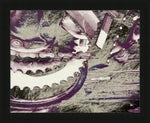 Framed abstract print of vintage bicycle gears and chain, artistic purple and green tones, Made in USA frame