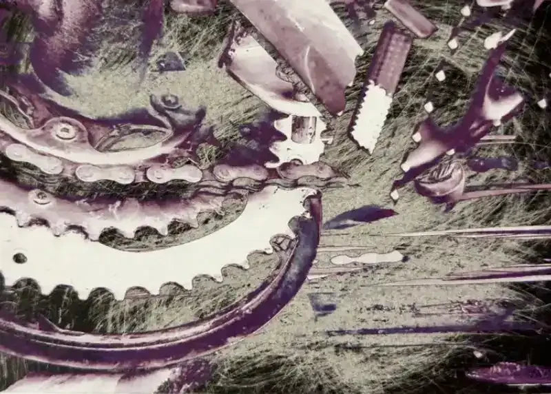 Vintage bicycle gears and chain on grass, artistic purple-toned photography print