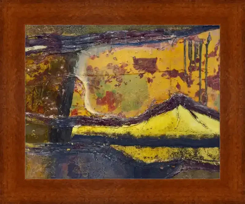 Abstract landscape artwork in warm yellows and deep blues, framed in rustic wood, evoking natural textures and autumnal tones.