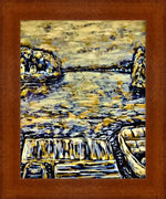 Framed abstract waterfront artwork with boat, rocky shores, and textured sky in warm tones