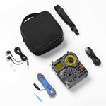 Raddy digital tuner with earbuds, carrying case, USB cable, and accessories on white background