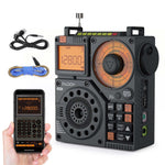 Raddy RF320 portable radio with digital display, analog dial, earphones, and coiled cable, shown with smartphone app interface