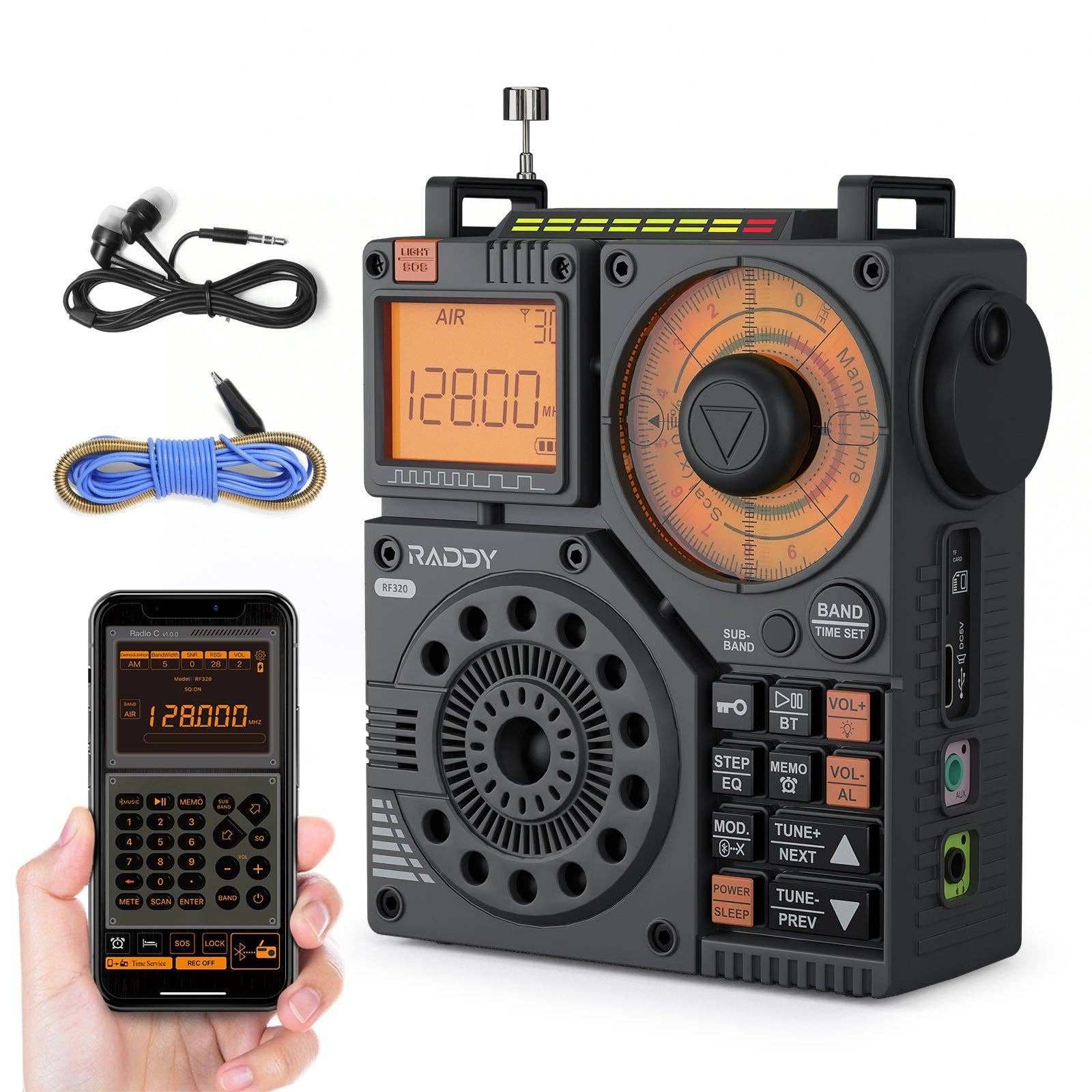 Raddy RF320 portable radio with digital display, analog dial, earphones, and coiled cable, shown with smartphone app interface