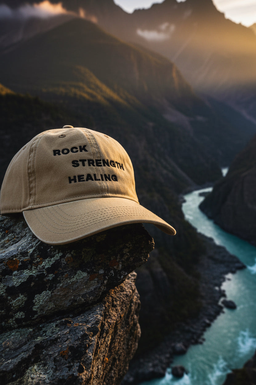 Beige cap with 'Rock Strength Healing' text Mountain background