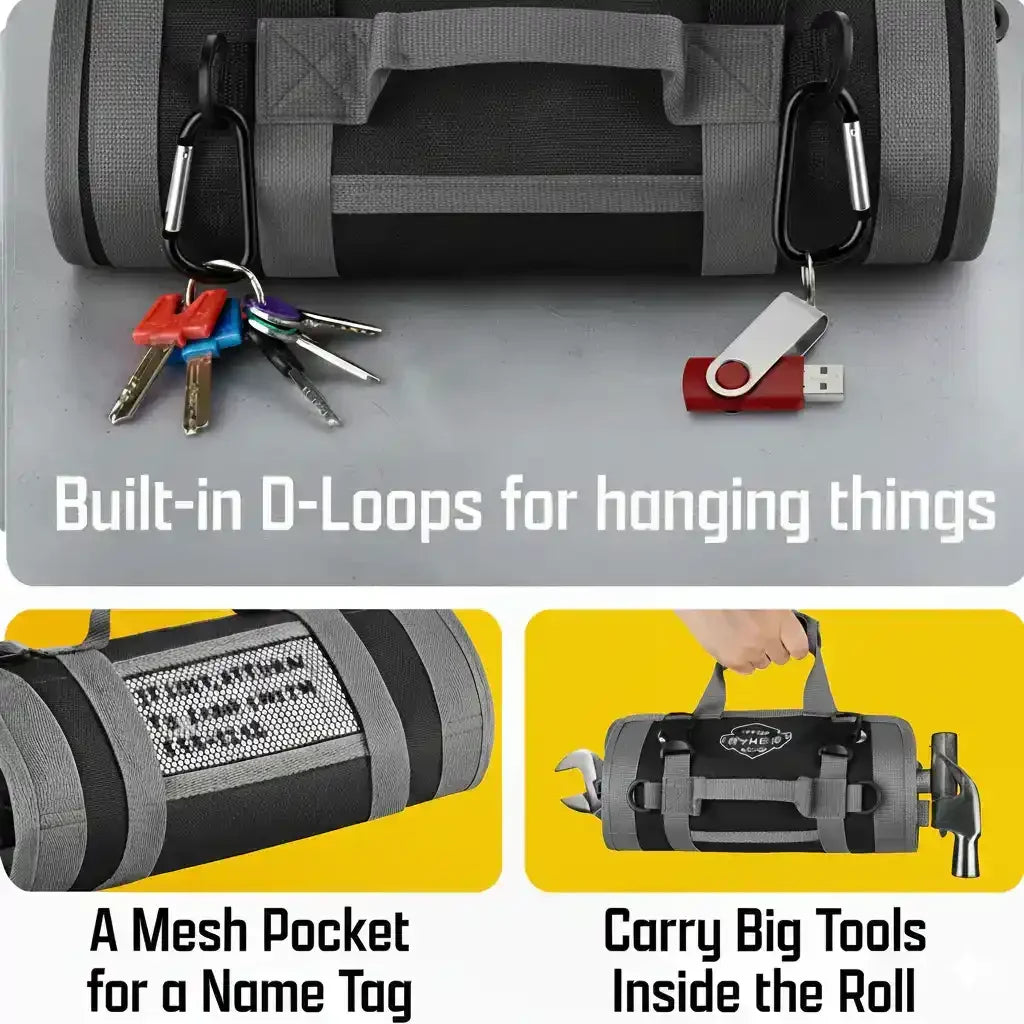 Built-in D-loops for hanging keys or USB drive, mesh pocket for name tag, carry big tools inside roll