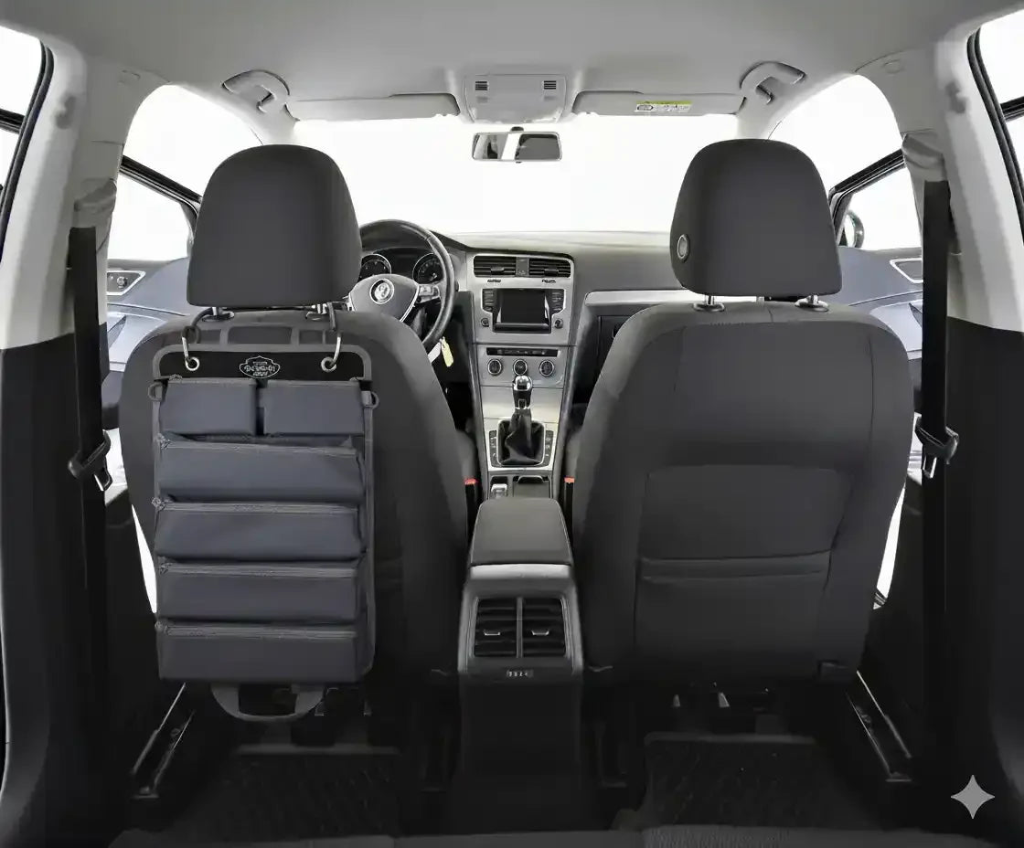 Gray car seat organizer with multiple pockets attached to front passenger seat, viewed from rear