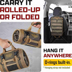 Multifunctional bag being rolled up, held by a hand, and hanging from a car seat with text highlighting features.