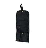 Black travel organizer with multiple pockets on a white background