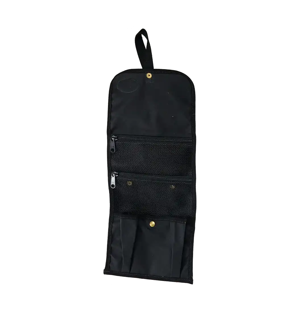 Black travel organizer with multiple pockets on a white background