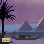 Surreal landscape with pyramids, palm tree, and boat on water under a pink sky.