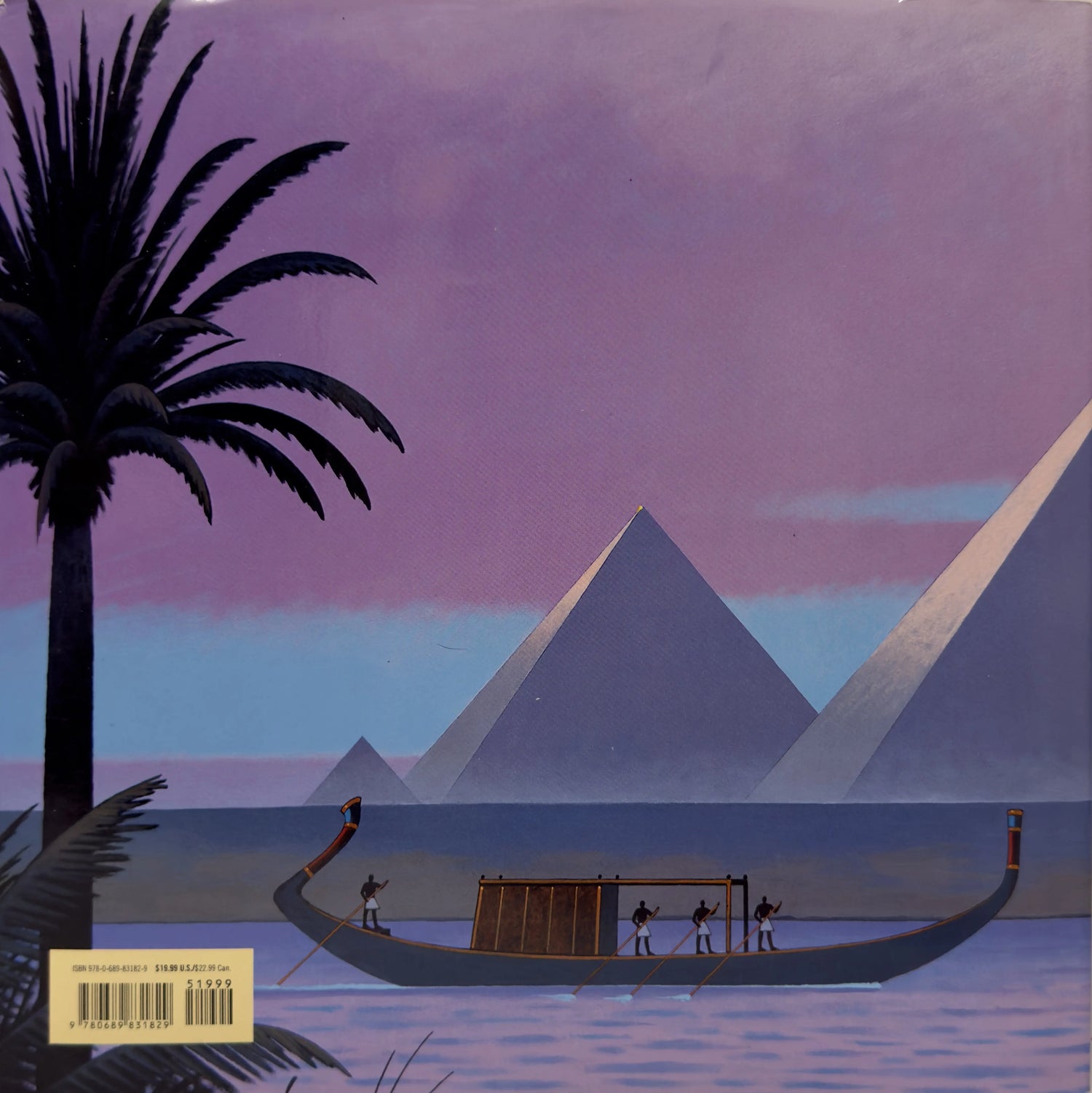 Surreal landscape with pyramids, palm tree, and boat on water under a pink sky.