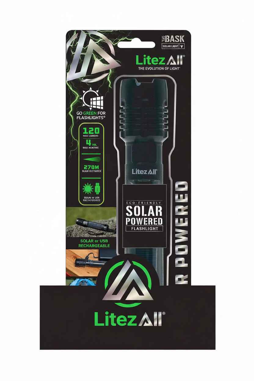 Litez All solar-powered flashlight packaging on a white background