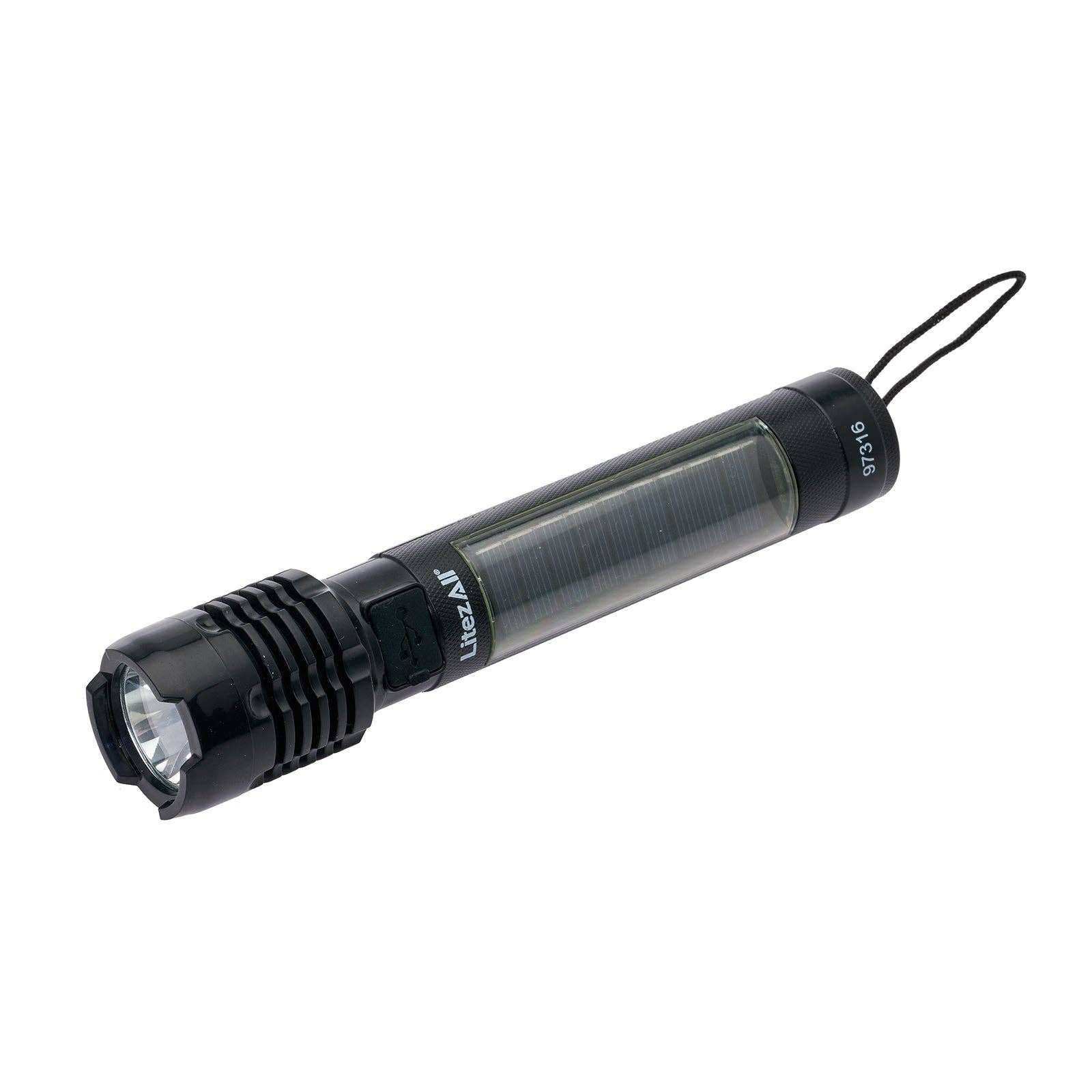 Black LiteZAll solar-powered flashlight with LED bulb and wrist strap, portable outdoor lighting tool