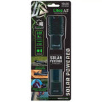 Solar-powered flashlight packaging with branding and product details on a white background