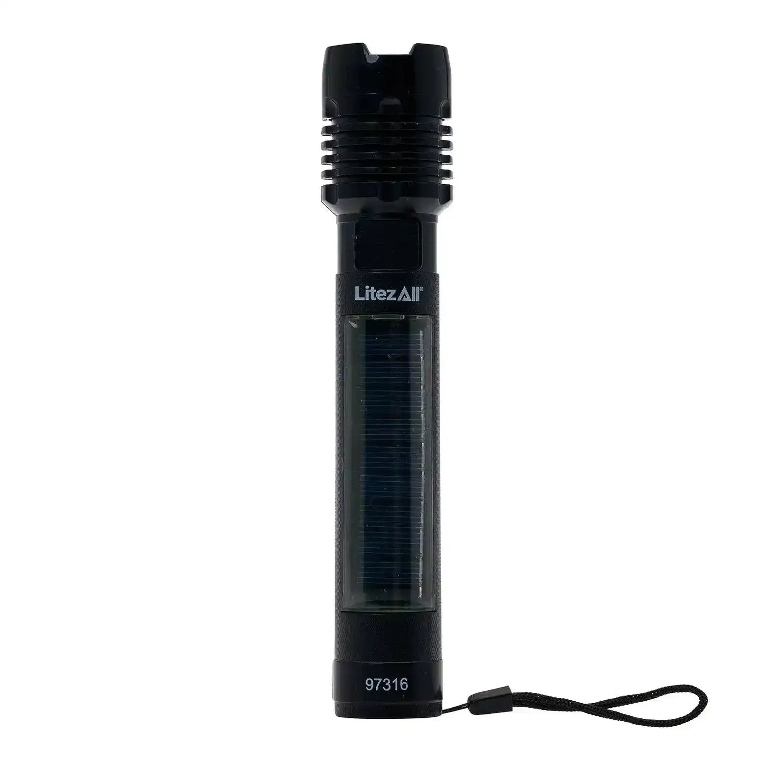 Black LitezAll solar-powered flashlight with wrist strap, model 97316