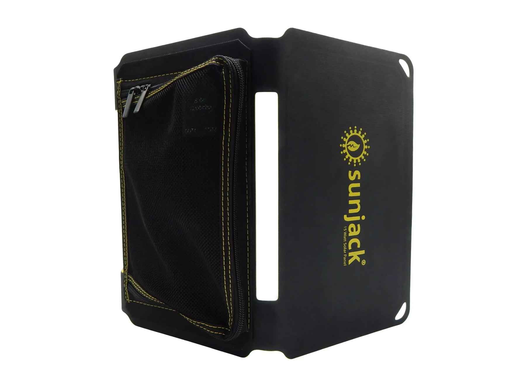 SunJack 15 Watt solar panel with black fabric case and yellow stitching, portable power charger
