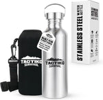 Tactiko Survival stainless steel water bottle with black neoprene sleeve and packaging, built for hiking and outdoor use
