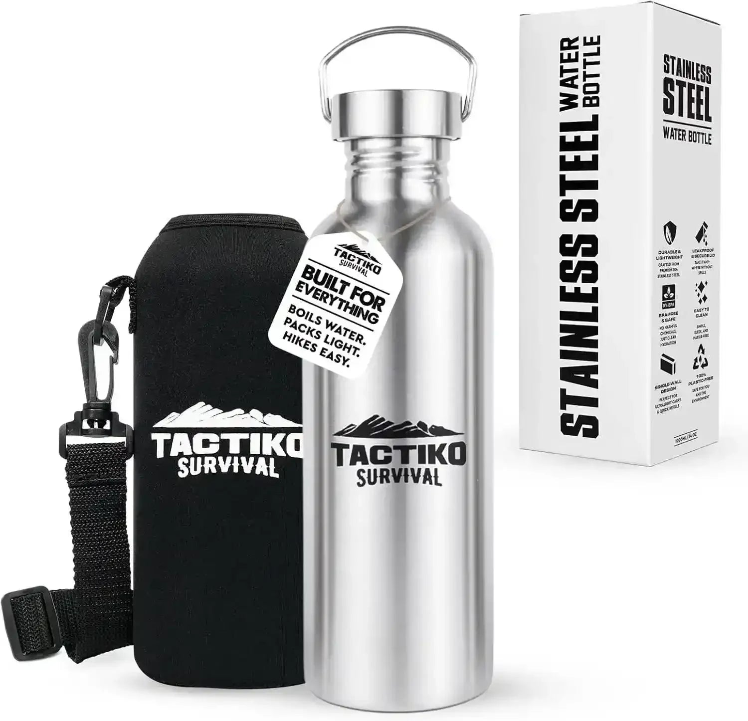 Tactiko Survival stainless steel water bottle with black neoprene sleeve and packaging, built for hiking and outdoor use