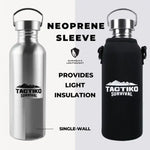 Stainless steel water bottle with neoprene sleeve, single-wall design, Tactiko Survival branding