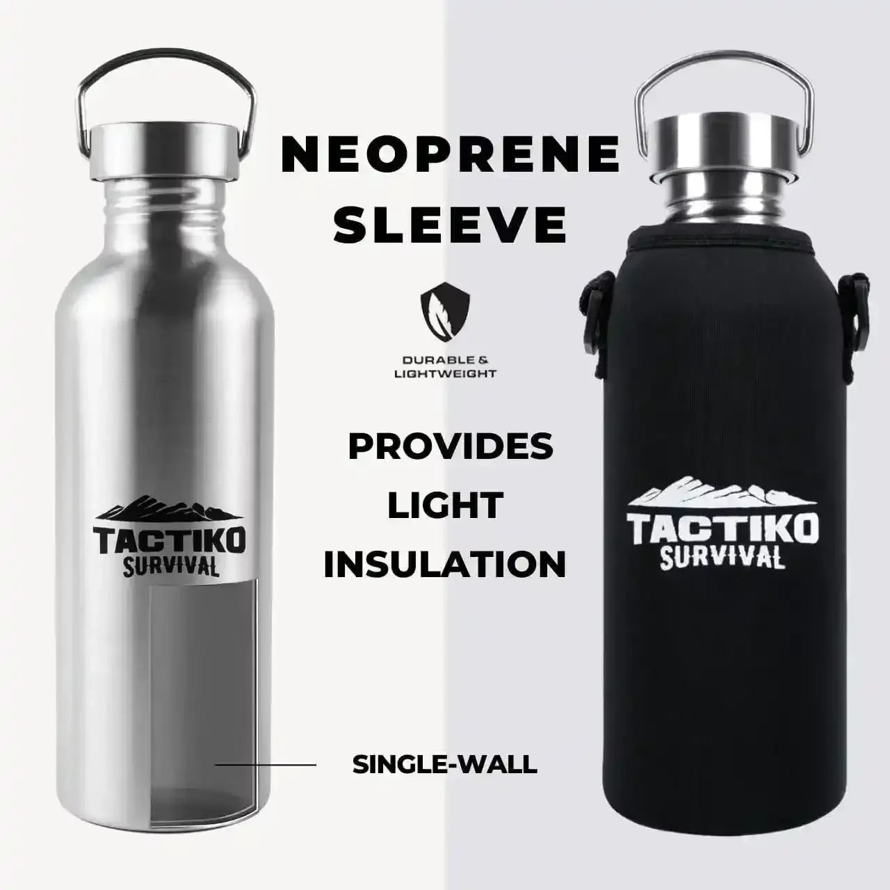 Stainless steel water bottle with neoprene sleeve, single-wall design, Tactiko Survival branding