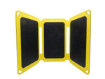 Portable foldable solar panel with yellow frame and black cells, ideal for outdoor charging