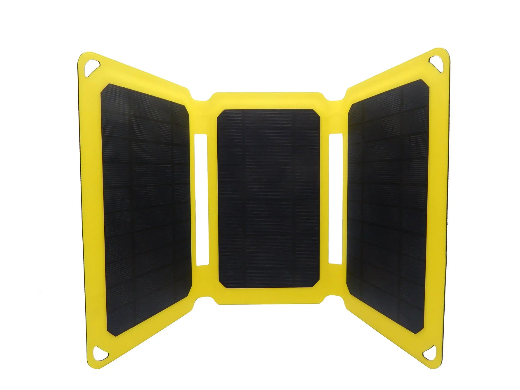 Portable foldable solar panel with yellow frame and black cells, ideal for outdoor charging