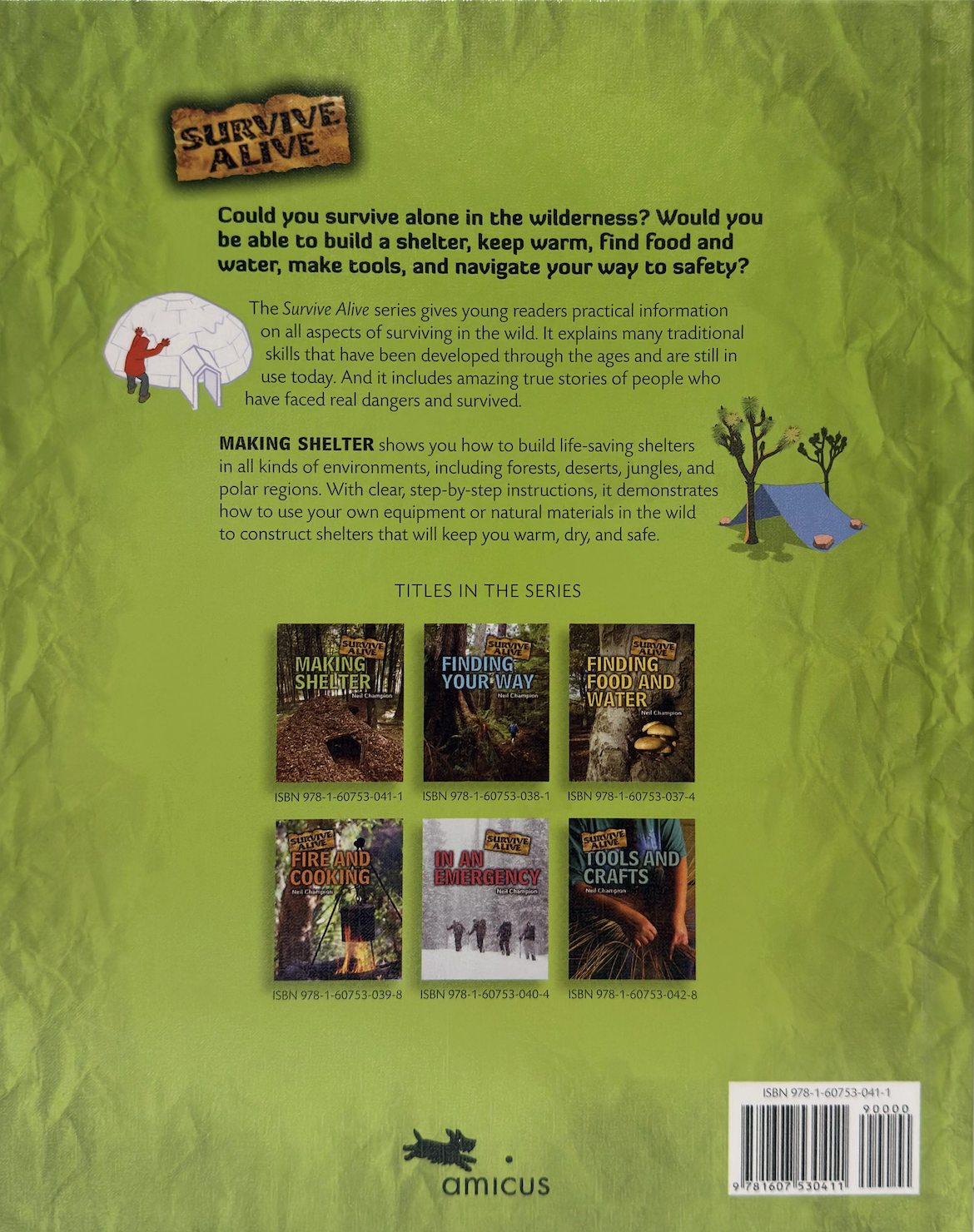 Back cover of a book titled 'Survive Alive' with text and illustrations on a green background.