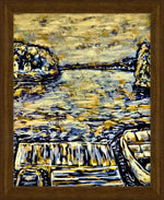 Framed abstract artwork of a boat on water with rocky shores, featuring bold blue and gold brushstrokes.