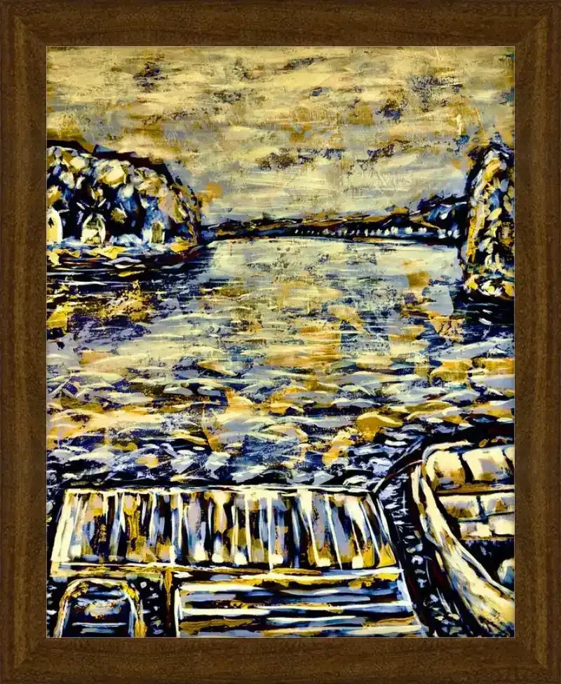 Framed abstract artwork of a boat on water with rocky shores, featuring bold blue and gold brushstrokes.