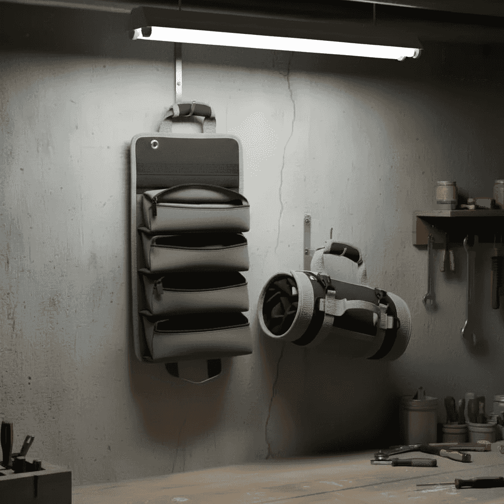 Wall-mounted tool organizer in a workshop setting with tools on the wall and table.
