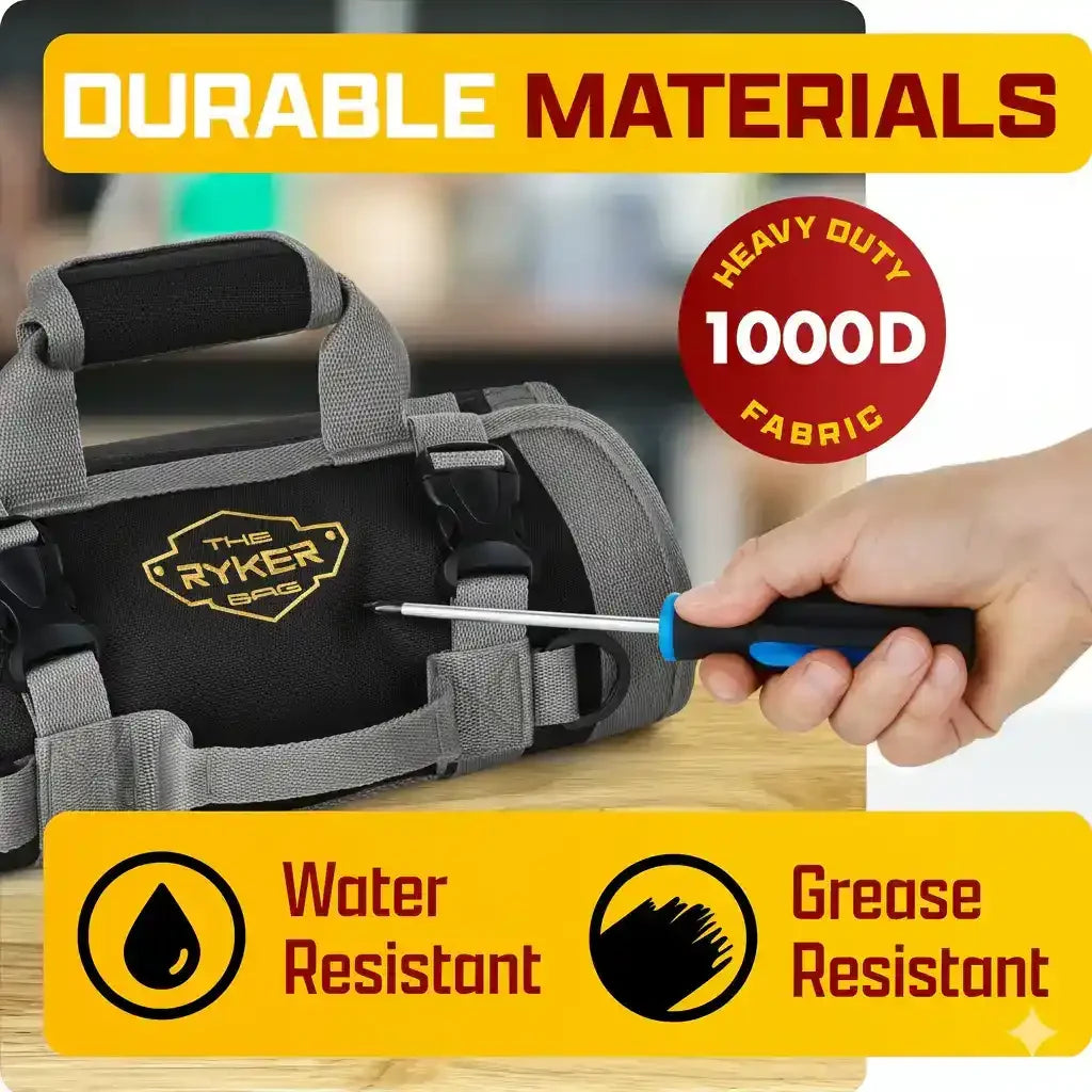 Durable 1000D heavy-duty tool bag with water and grease resistant fabric, shown with screwdriver
