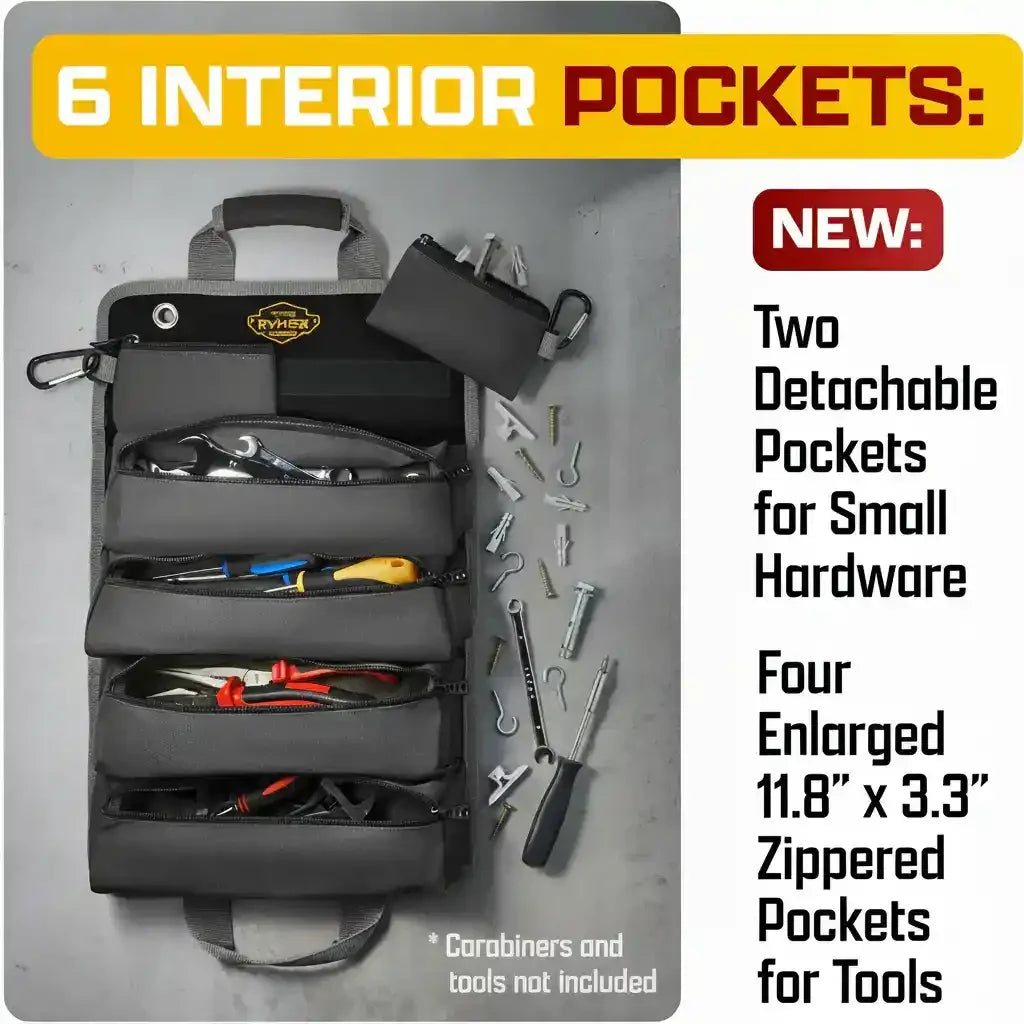 Gray tool organizer with 6 interior pockets, including detachable and zippered sections for tools and hardware
