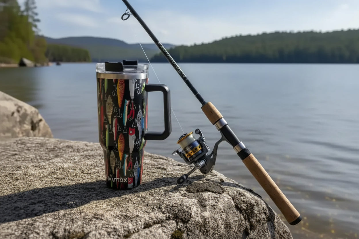 Fishing rod and lure-print travel mug on lakeside rock, natural outdoor scene