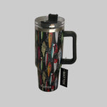 Black travel mug with colorful fishing lures and fish design, handle and lid, MATTOX brand tag