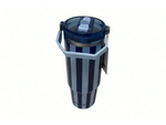  Tumbler dark blue and light blue striped tumbler with a clear lid on a white background