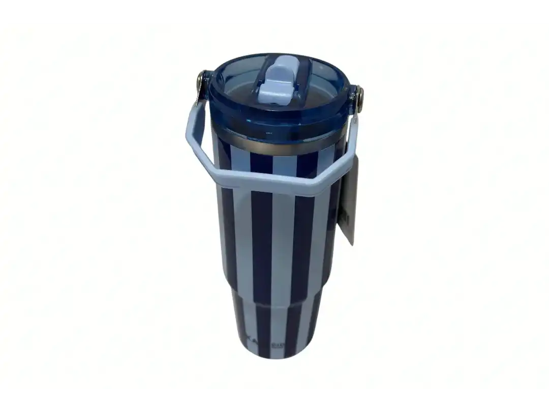  Tumbler dark blue and light blue striped tumbler with a clear lid on a white background