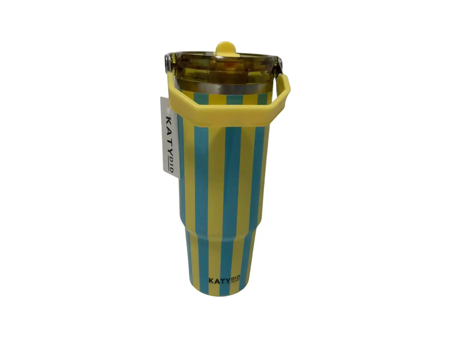  Tumbler Tumblers striped with yellow and Blue clear lid and handle on a white background Tumblers