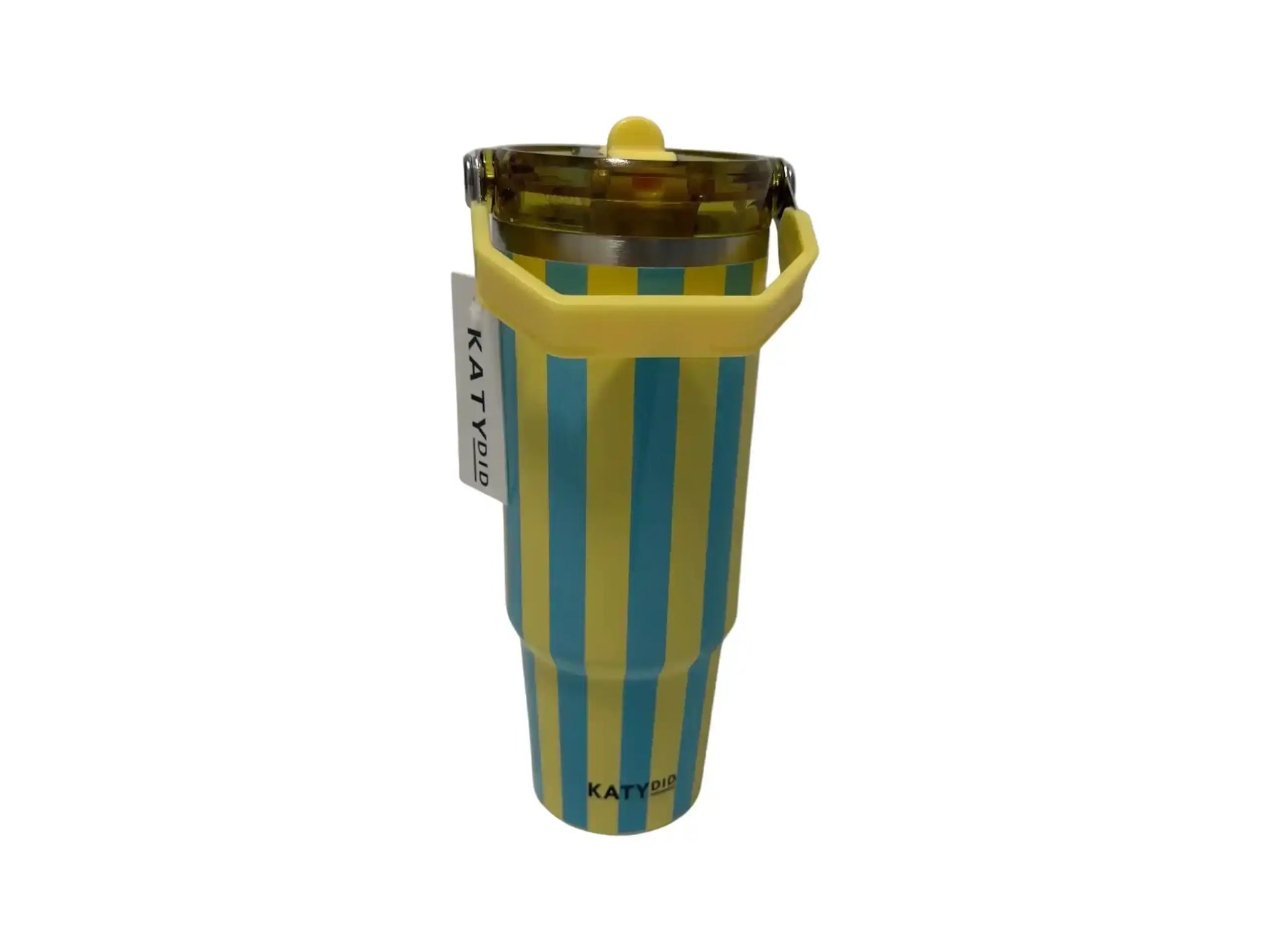  Tumbler Tumblers striped with yellow and Blue clear lid and handle on a white background Tumblers