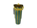 KATYDID yellow and blue striped travel tumbler with lid and handle, brand tag attached