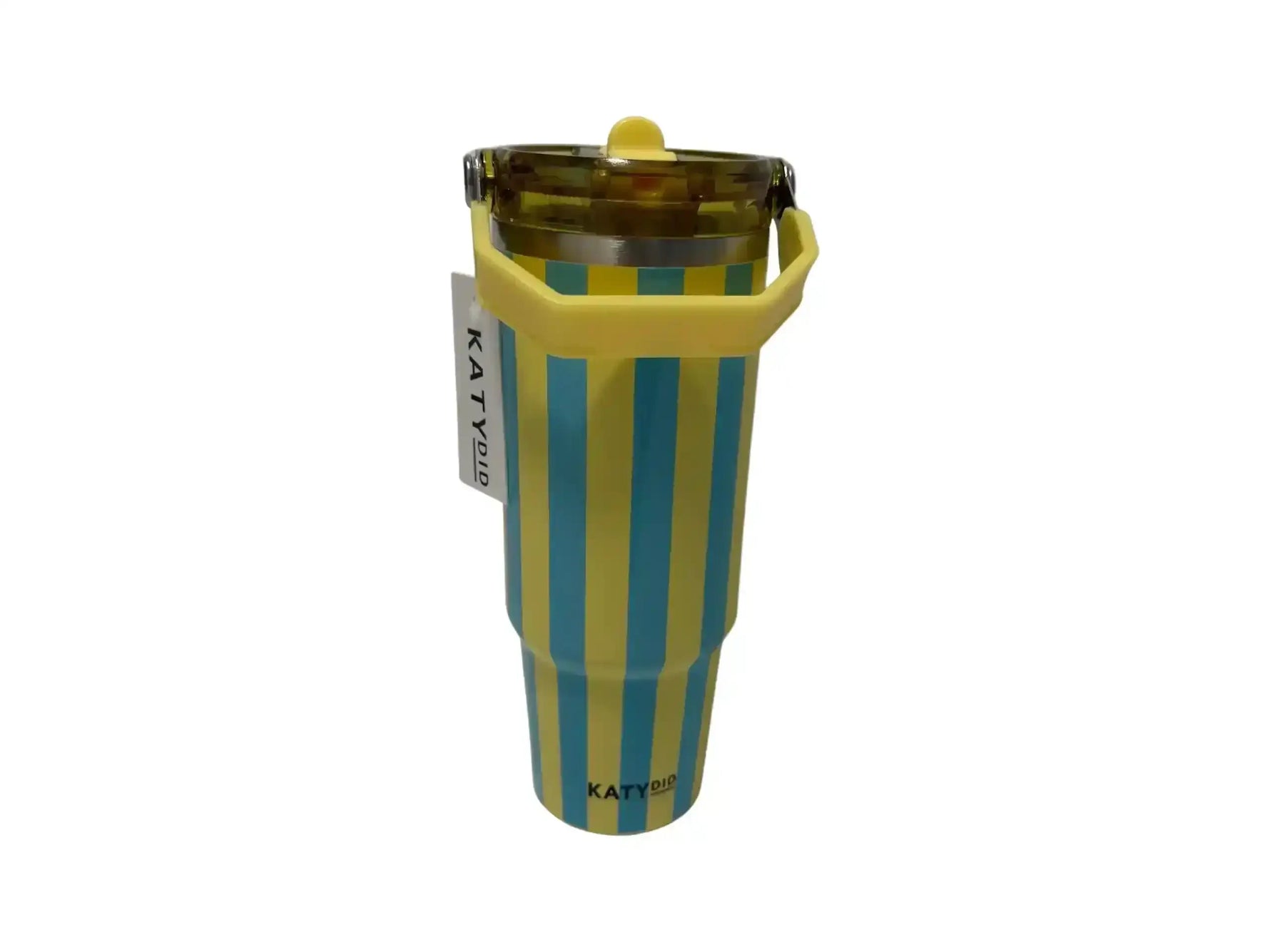 KATYDID yellow and blue striped travel tumbler with lid and handle, brand tag attached